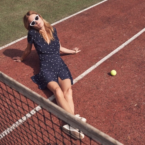 Sezane Silk Wrap Dress Navy Pea  Mini NWT - Picture 7 of 9